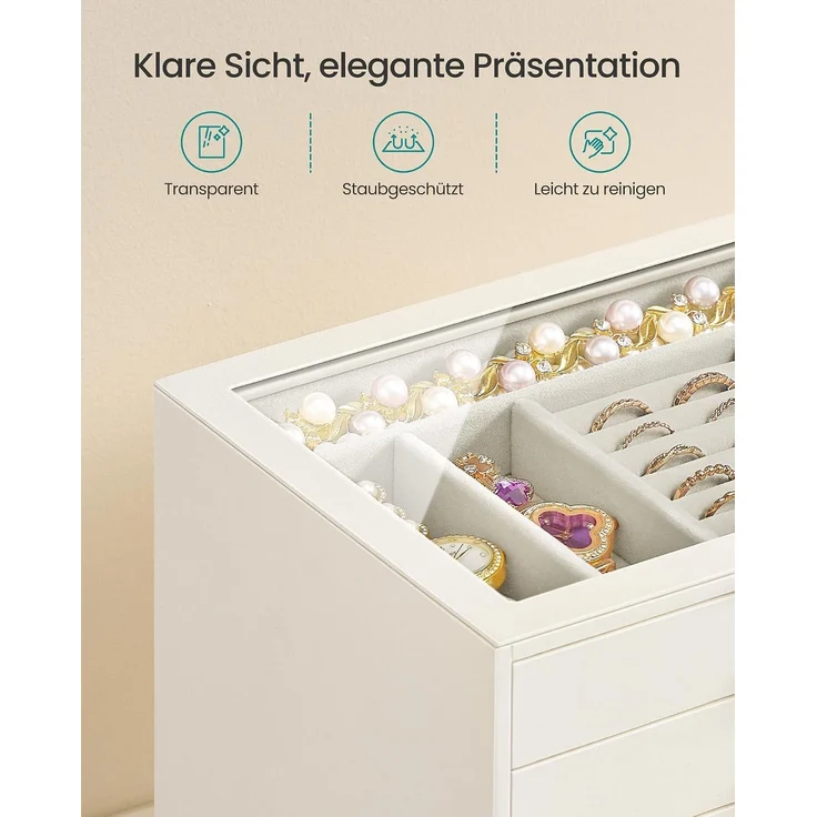SONGMICS Schmuckkästchen aus Holz mit Glasdeckel, Schmuck Organizer mit 5 Ebenen, 24 x 17,2 x 18,4 cm, Cremeweiß – Bild 3