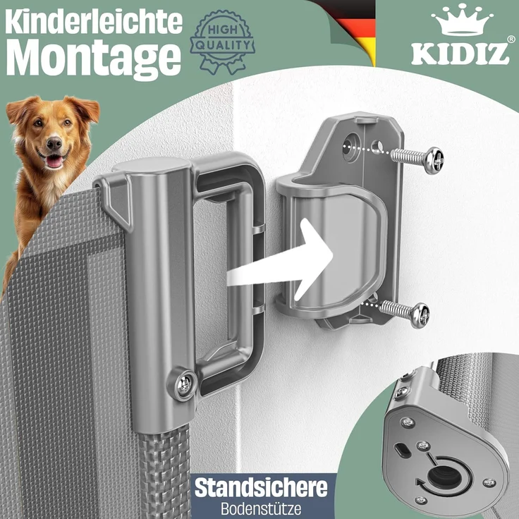 KIDIZ® Treppenschutzgitter Türschutzgitter ausziehbar bis 140/180cm | kindersicheres Treppengitter für Babys & Haustiere | Schutzgitter Treppen & Türen Absperrgitter inkl. Bodenanker & Montagezubehör Hellgrau, 0-180cm – Bild 6
