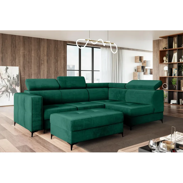 MEBLINI Schlafcouch mit Bettkasten - DORIAN - 263x232x89cm Rechts - Grün Samt - Ecksofa mit Schlaffunktion - Sofa mit Relaxfunktion und Kopfstützen - Couch L-Form - Eckcouch - Wohnlandschaft
