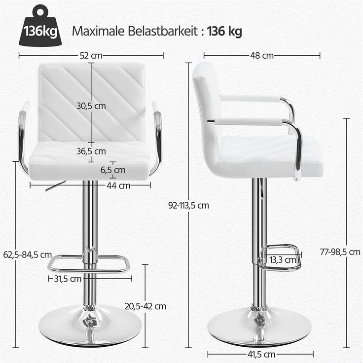 Yaheetech Barhocker 2-er Set, Höhenverstellbarer Barstuhl mit Armlehnen, Sitzhöhe 62,5 cm – 84,5 cm – Bild 3