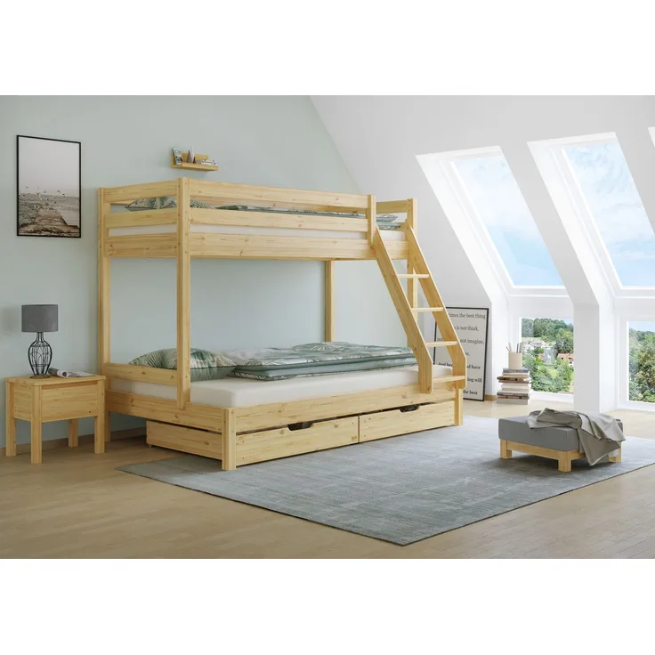 Doppel-Etagenbett 120x200 und 80x200 Erwachsenen-Stockbett Kiefer Massivholz natur V-60.18-08-12Rollrost und Doppelbettkasten inkl.