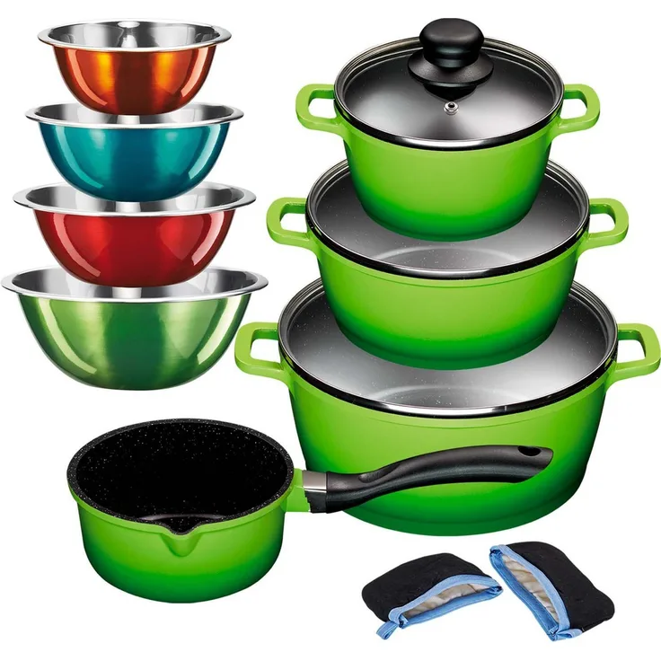 KING Topf-Set ALUGUSS, Aluminiumguss (Set, 13-tlg, je 1 Kochtopf 16/20/24 cm, 1x Stieltopf 16 cm, 4 Schüsseln, Grips), Glasdeckel,Induktion,Keramikantihaftbeschichtung
