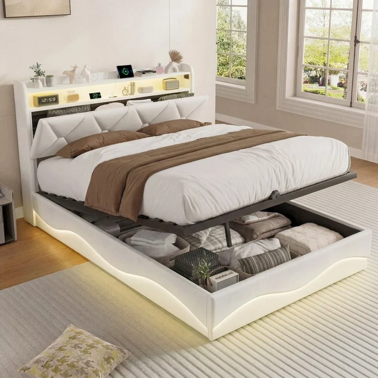 PXloue Polsterbett LED Doppelbett, Bettkasten, Ladefunktion, Samt, 160x200 cm