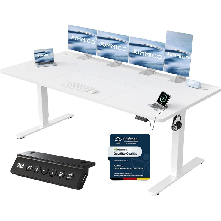 JUMMICO Schreibtisch elektrisch höhenverstellbar mit USB-Ladeanschluss, Weiß, 200x80 cm