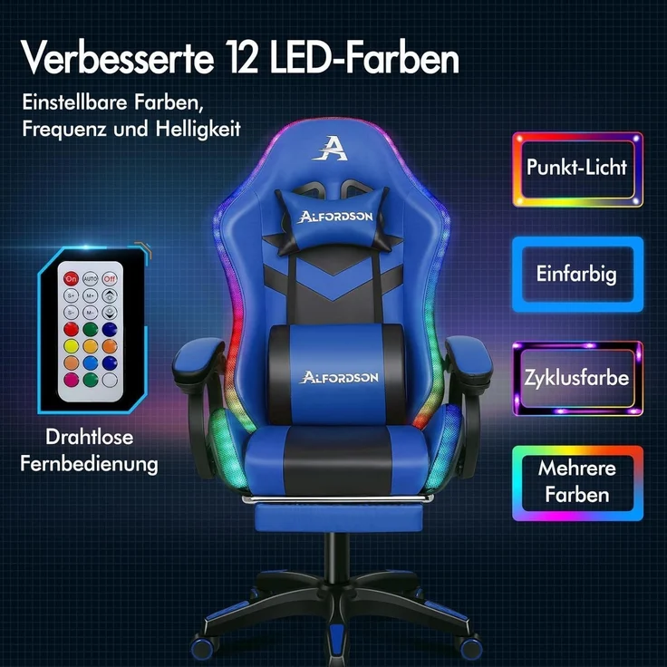 Racing Gaming Stuhl Massage Gamer 12 LED Farben RGB Beleuchtung Blau - ALFORDSON – Bild 5