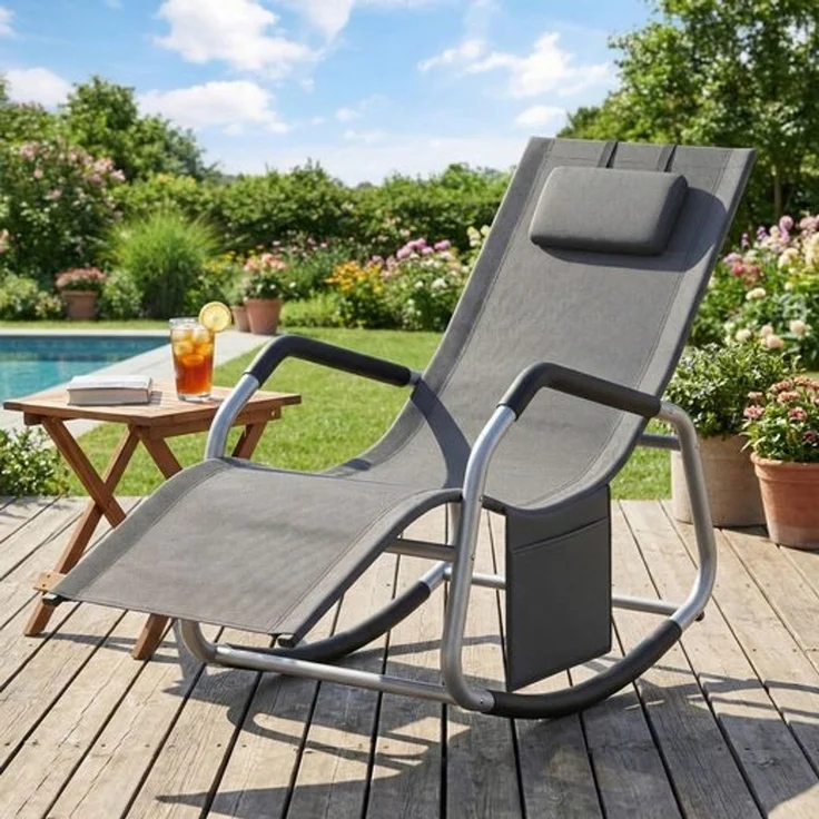 SONGMICS Relaxliege mit verstellbarer Kopfstütze, Schaukelstuhl, Stahlrahmen, Seitentasche, für Garten, atmungsaktiv, dunkelgrau – Bild 1
