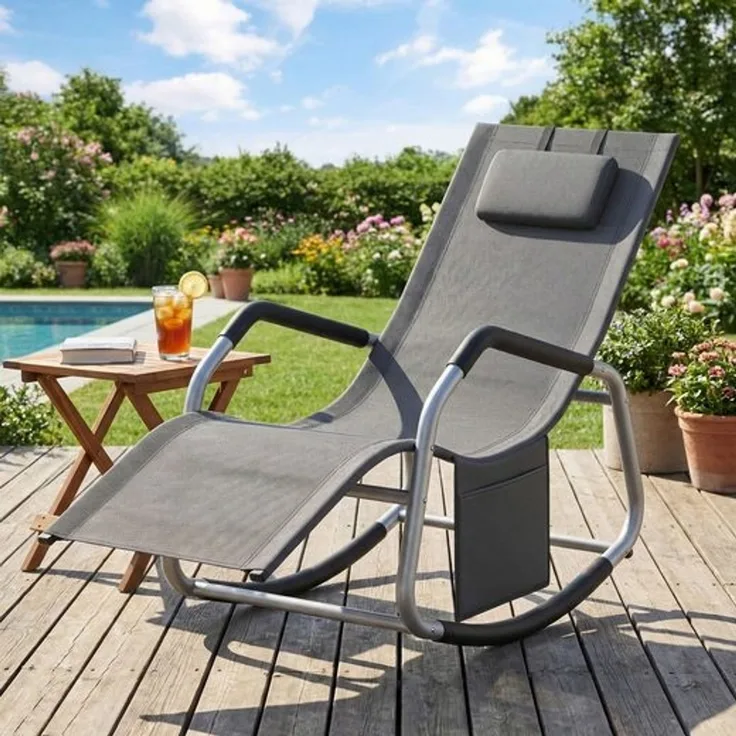 SONGMICS Relaxliege mit verstellbarer Kopfstütze, Schaukelstuhl, Stahlrahmen, Seitentasche, für Garten, atmungsaktiv, dunkelgrau