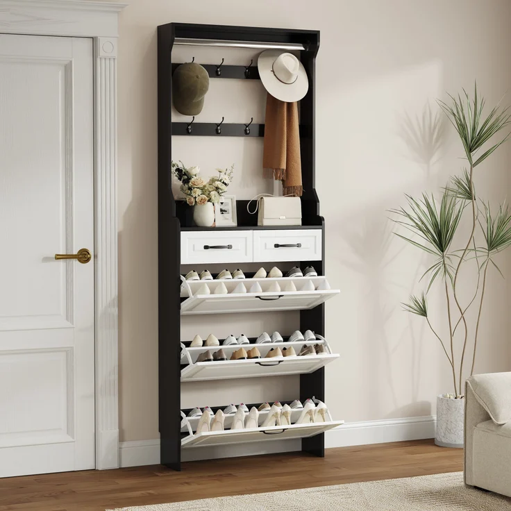 Schuhschrank mit 3 Klappen, 2 Schubladen, platzsparend, verstellbare Regale, Flur Organizer,Weiß & Schwarz – Bild 4