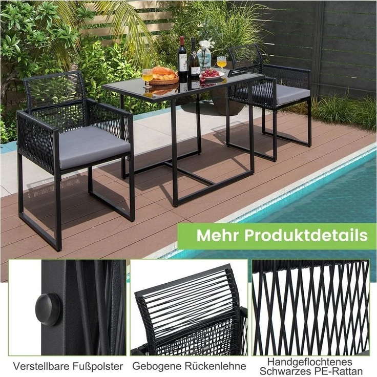 COSTWAY Balkonset 3-teiliges Rattan Gartenmöbel, (3-tlg), mit 2 Stühlen & Tisch – Bild 3