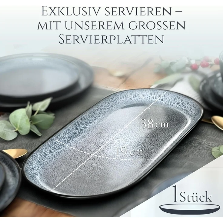 Steingut Servier Teller Groß Ibiza TESTSIEGER, Traumhafte Mediterrane Steingut Servierplatte, Serving Plate Oval, Servierteller Groß - Pure Living in Grau – Bild 5