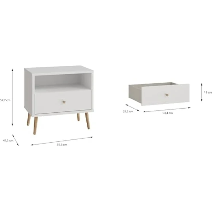 Forte HARLLSON Nachtschrank 60, Mid-Century-Modern Stil, leichte Montage Dank EasyKlix by Forte, 1 Schublade und 1 Ablage, Holzwerkstoff, Weiß, 59,8 cm breit x 57,7 cm hoch x 41,5 cm tief – Bild 3