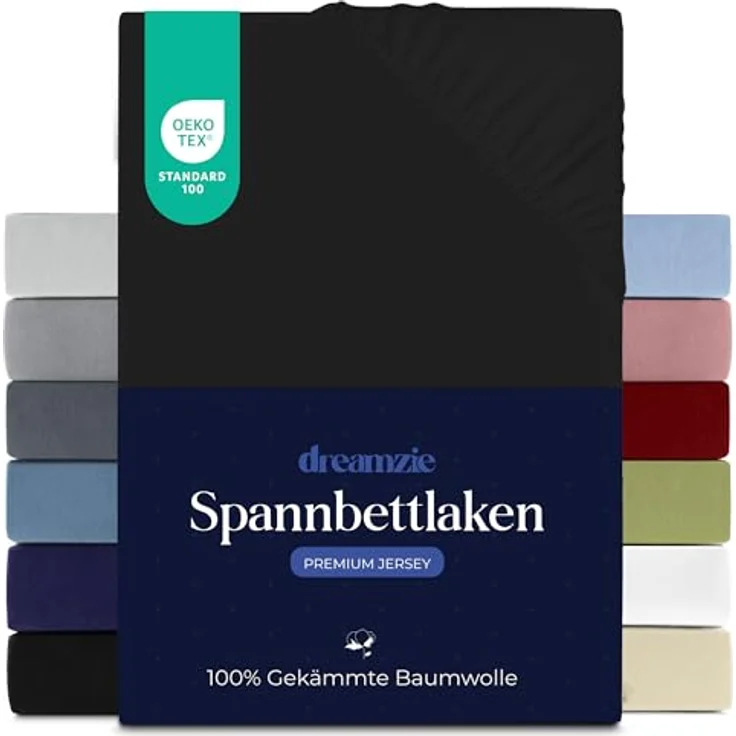 Dreamzie Premium Spannbettlaken 120x200 cm, Spannbetttuch für Dicke Matratzen bis zu 22 cm, Bettlaken 100% Jersey Baumwolle, 150 g/m², Oeko-TEX Zertifiziert - Schwarz – Bild 1