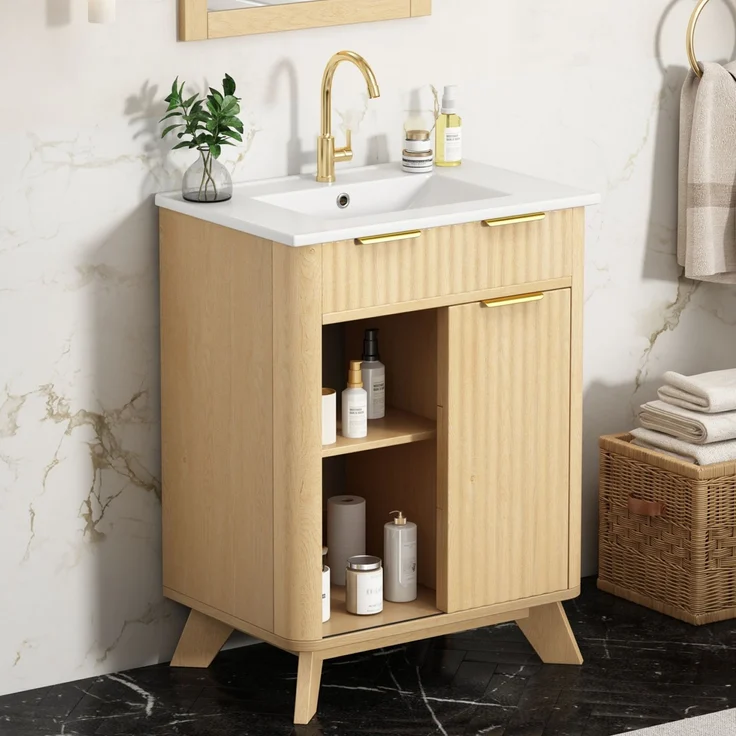 Waschtischkommode 61 x 47 x 90 cm aus MDF mit Keramikwaschbecken, Schiebetür und Wellenstruktur – Bild 4