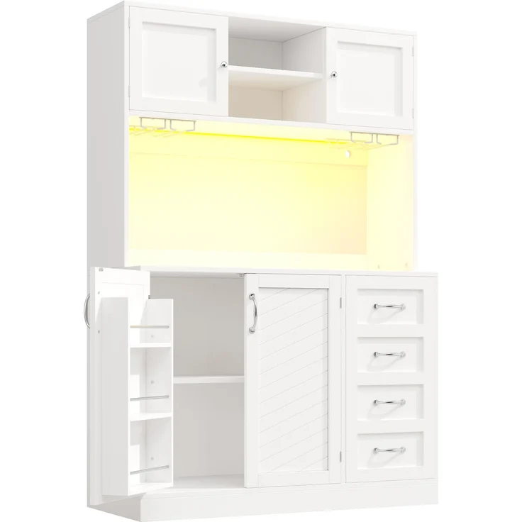 Seitenboard / Aufbewahrungsschrank / Küchenschrank / Buffetschrank, 120 x 40 x 188 cm, mit LED-Beleuchtung, Snackregal & Getränkehaltern, 4 Türen & 2 große Schubladen, Grün/Schwarz/Weiß – Bild 10