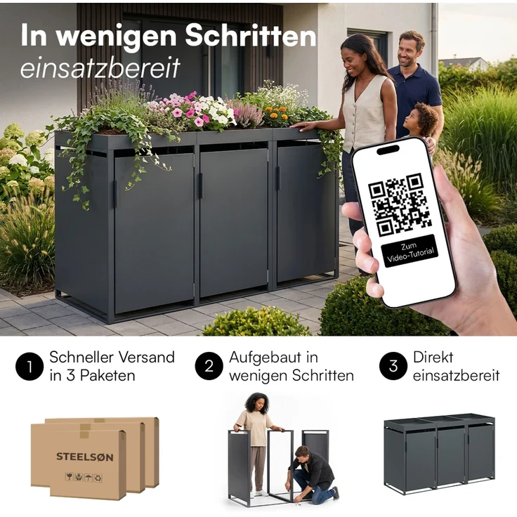 STEELSØN 'Thoria' Mülltonnenbox 3er je 120 Liter, anthrazit, Mülltonnenverkleidung aus Stahl, wetterfest, 111x62x177,5 cm, Müllbox mit Pflanzendach für 3 Tonnen – Bild 10