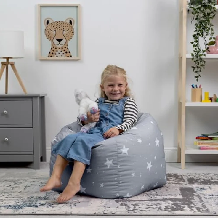 Icon Sterne Sitzsack Kinder, Grau, Gewebter-Stoff, Sitzsack mit Füllung, Bequemer Kinder Sessel, Kuschelsessel, Lese Sessel, Schlafzimmer, Kinderzimmer, Spielzimmer – Bild 3
