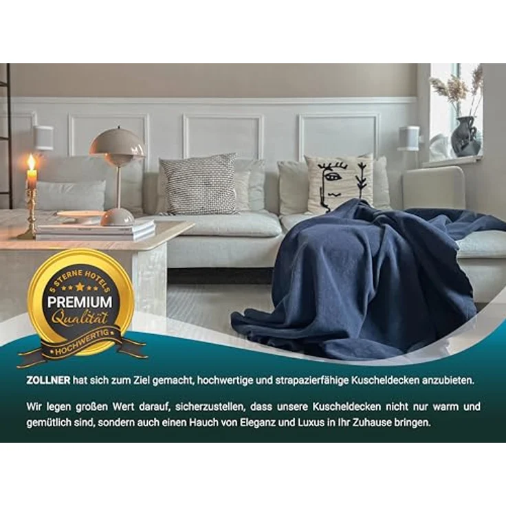 Zollner Kuscheldecke, Dunkelblau, 150x200 cm, aus Naturmaterialien (60% Baumwolle, 40% Polyacryl), Oeko-Tex® Standard 100, ideal für Wohnzimmer und Schlafzimmer – Bild 6