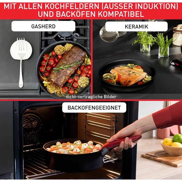 Tefal Ingenio Easy On 4-tlg. Kochgeschirr-Set, 3x Pfannen (22, 24, 26 cm), 1x abnehmbarer Griff, kompakt, stapelbar, Antihaftbeschichtung, Thermo-Signal Temperaturanzeiger, Schwarz, L1599043 – Bild 7