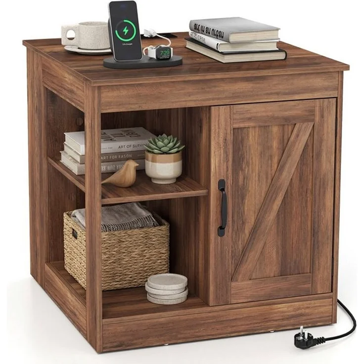 COSTWAY Beistelltisch, Nachttisch mit Ladefunktion, verstellbarem Regal Holz – Bild 4