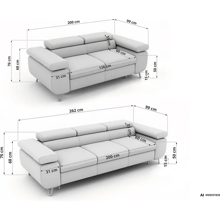 Sofagarnitur PETER 2-3 mit Schlaffunktion, verstellbare Kopfstützen und Armlehnen, freistehend, Wellenfederung, Couchgarnitur - Beige Velvet – Bild 6
