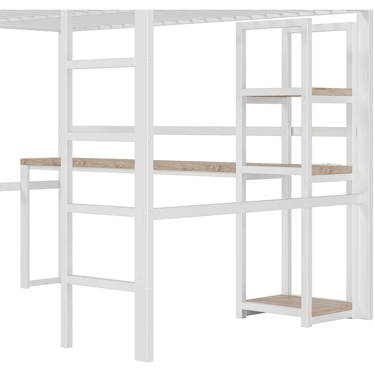 EINHOM Hochbett, 140 x 200 cm, Eisenrahmen, Mehrere Einlegeböden, Schreibtisch mit Steckdose, mit USB Typ-C, Geländer, Trittleiter, Weiß (Ohne Matratze) – Bild 5