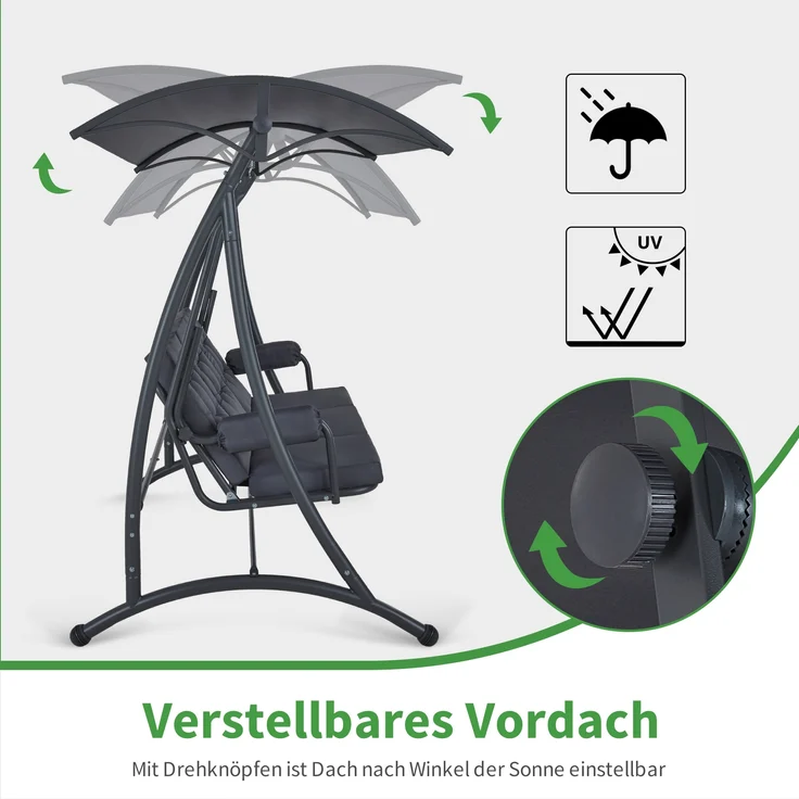 M MCombo 3-Sitzer Hollywoodschaukel mit Liegefunktion, 3 Extradickem Sitzkissen & Silent-Haken, Ruhige Gartenschaukel bis 300kg Belastbar, Schaukelbank Outdoor Wetterfest 4025 (grau) – Bild 7