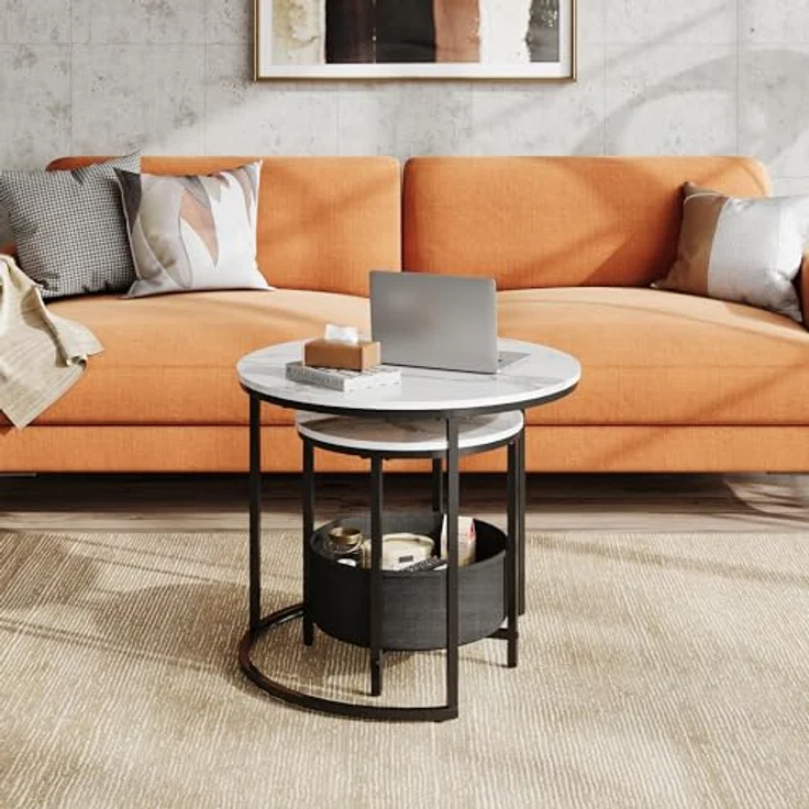 WLIVE Couchtisch 2er Set, Beistelltisch Rund mit Stauraum, Wohnzimmertisch Holz mit Metallrahmen, Sofatisch für Wohnzimmer Schlafzimmer, (Marmor Weiß, 60 cm und 40 cm Durchmesser) – Bild 5