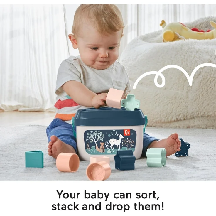 Fisher-Price HJP20 - Babys erste Bausteine – Marineblaues Kitz, Set mit 10 Bausteinen zum Stapeln und Sortieren, Bauspielzeug, Babyspielzeug für Kleinkinder ab 6 Monaten – Bild 2