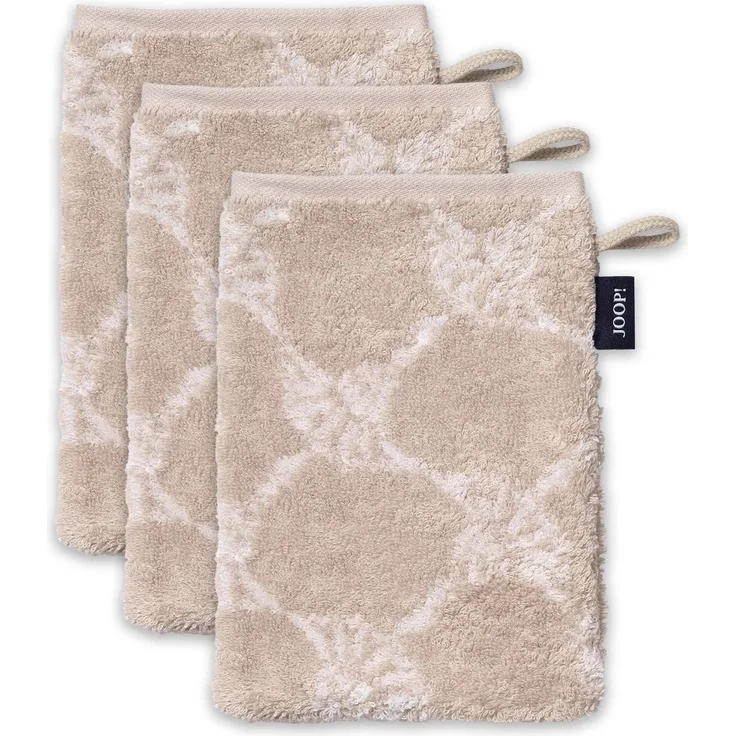 JOOP! Waschlappen, 3er Pack - Waschhandschuh, Doubleface, Walkfrottier Beige Cornflower 16x22cm