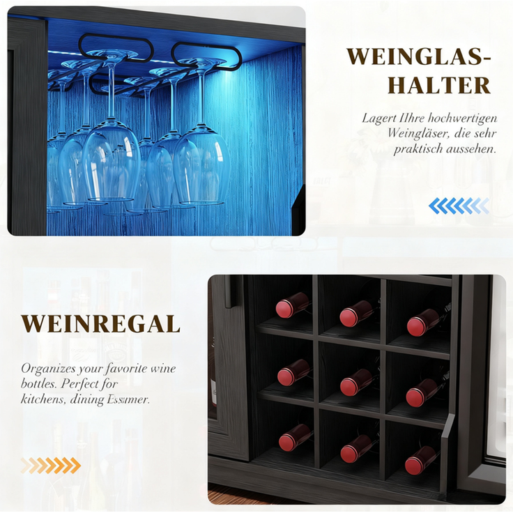 Weinschrank 120x40x78 cm mit LED-Beleuchtung, 9 Weinregalen und 2 Glashaltern, Holz & Schwarz – Bild 6