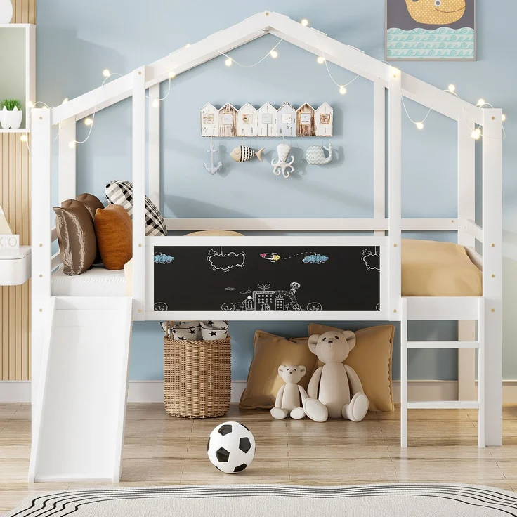 Kinder-Loftbett 90x200 cm mit Rutsche, Hausstil, Leiter & Blackboard,Massivholz Spielbett,Weiß – Bild 3