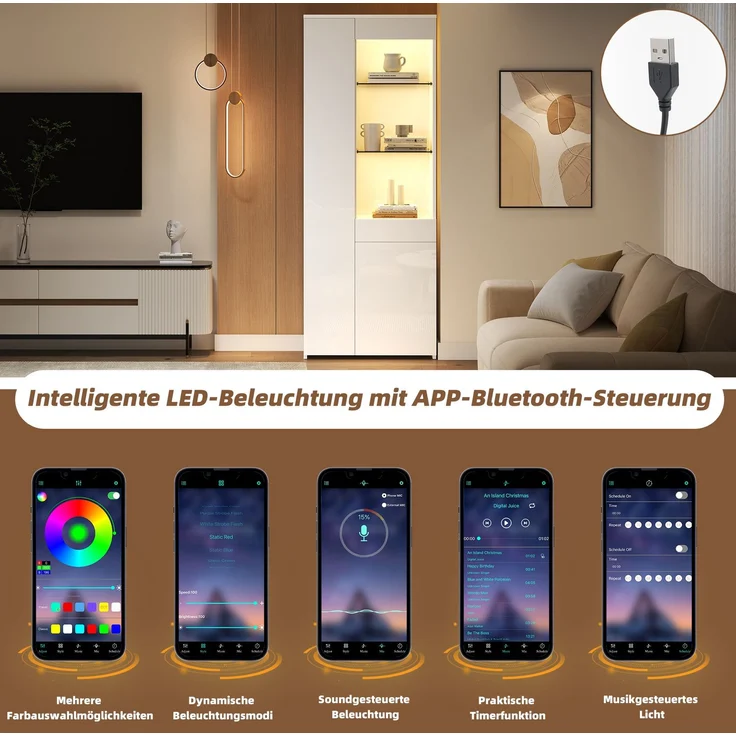 DESVIAE Vitrine mit LED-Beleuchtung und Schublade 70x180x35 cm Spanplatte Weiß – Bild 6