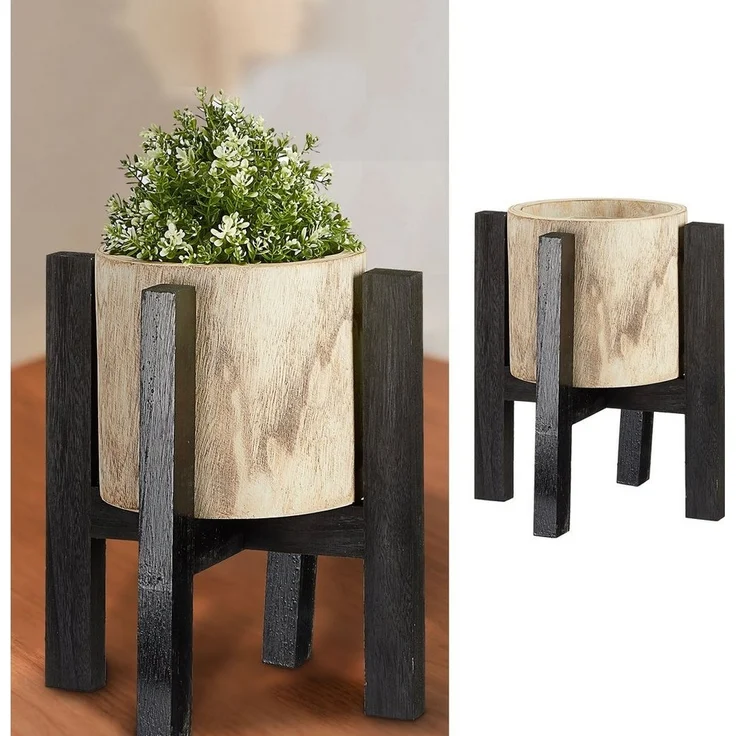 CEPEWA Blumentopf Blumentopf mit Ständer Holz natur schwarz 37x39cm Topf auf Füßen – Bild 1