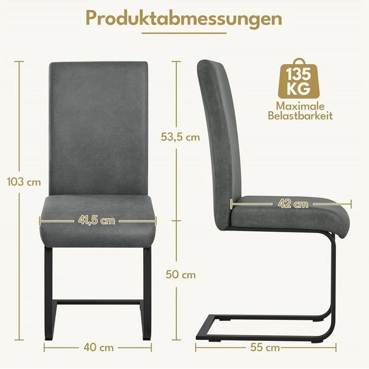 Yaheetech Esszimmerstuhl 2/4/6-er Küchenstuhl (2 St), Schwinger Polsterstuhl mit Ergonomischer Rückenlehne & Metallbeine – Bild 3
