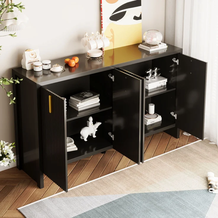 Sideboard, Holzwerkstoff mit verstellbaren Einlegeböden, 140x38x80 cm, Schwarz – Bild 2