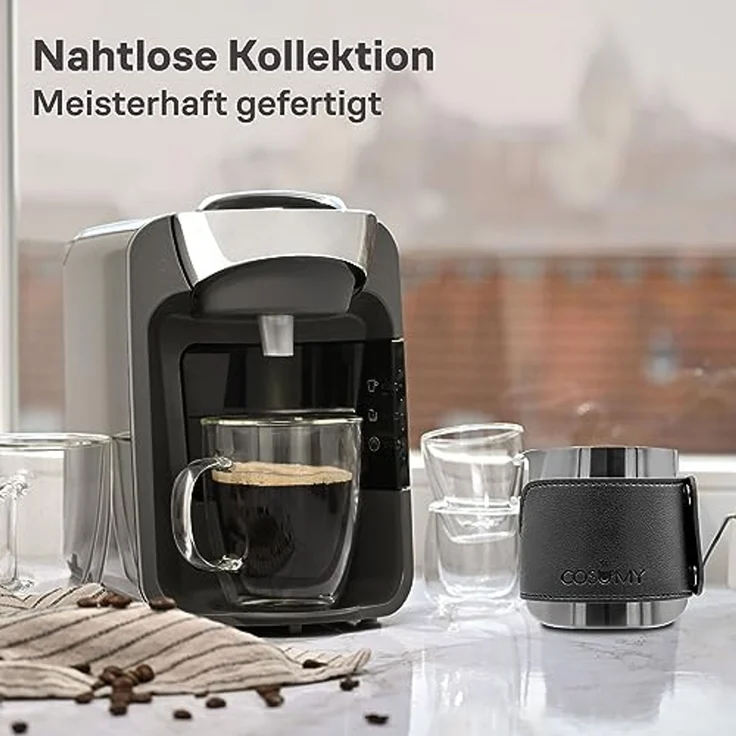 Cosumy Milchkännchen Barista Milchkännchen Edelstahl 350ml mit Lederhülle, 350 l, (Set, 1-St), Griffloses Design - Messskala im Inneren – Bild 7