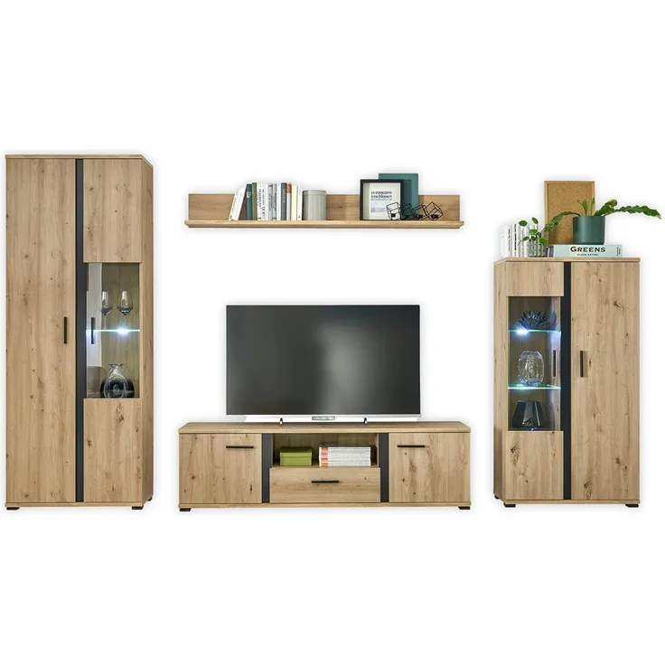 KANADA Wohnwand Komplett-Set in Artisan Eiche Optik, Schwarz - Moderne Schrankwand mit Beleuchtung für Ihr Wohnzimmer - 340 x 196 x 40 cm (B/H/T)