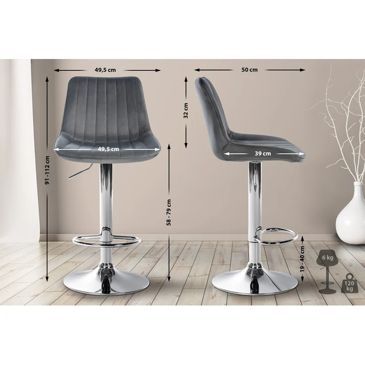 DELUKE® Barhocker RIO - Dunkelgrau, Samt, Chrom Barhocker mit Lehne Barstuhl Tresenhocker Tresenstuhl Kneipenhocker Kneipenstuhl – Bild 2