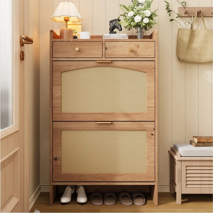Flieks Schuhschrank Schuhkipper Schuhkommode mit Arbeitsplatte, 2 Rattan-Klappen Holzoptik (65×25×106 cm, 1-St) Schuhregal Flurschrank mit verstellbaren Einlegeböden Landhausstil – Bild 3