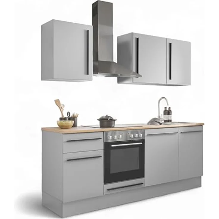 Denver Moderne Küchenzeile ohne Elektrogeräte in Grau, Lancelot Eiche Optik - Geräumige Einbauküche mit viel Stauraum - 220 x 211 x 60 cm (B/H/T) – Bild 2