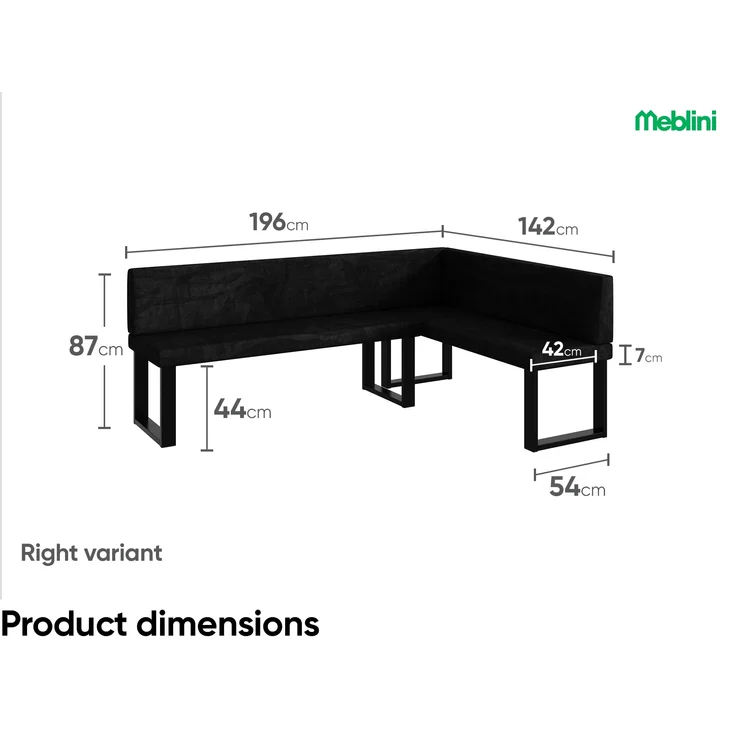 MEBLINI Eckbank für Esszimmer mit ausziehbarem Tisch - Küchenbank - Essecke - Sitzecke Küche - TONI - U-Beine 142x196x87cm Rechts - Graphit Samt/B Schwarz Hochgl. – Bild 7