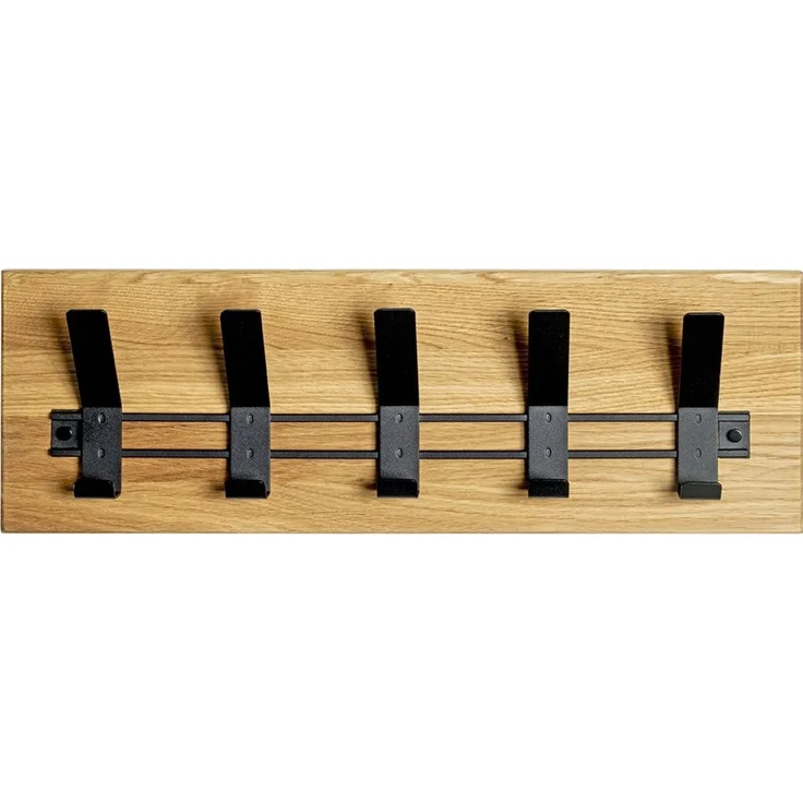 Haku Wandgarderobe aus massivem, geöltem Eichenholz mit 5 Haken aus schwarz pulverbeschichtetem Metall, modernes Design für den Flur, 60x10x20 cm – Bild 7