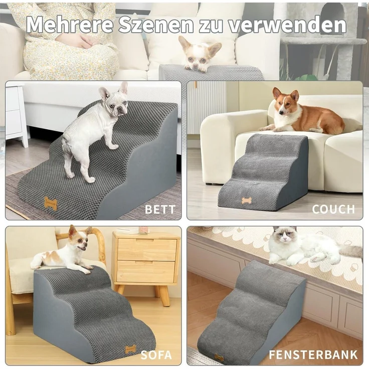 Hundetreppe für Kleine Hunde 3-Stufig Haustiertreppe Sofa Hochdichter Schwamm – Bild 6