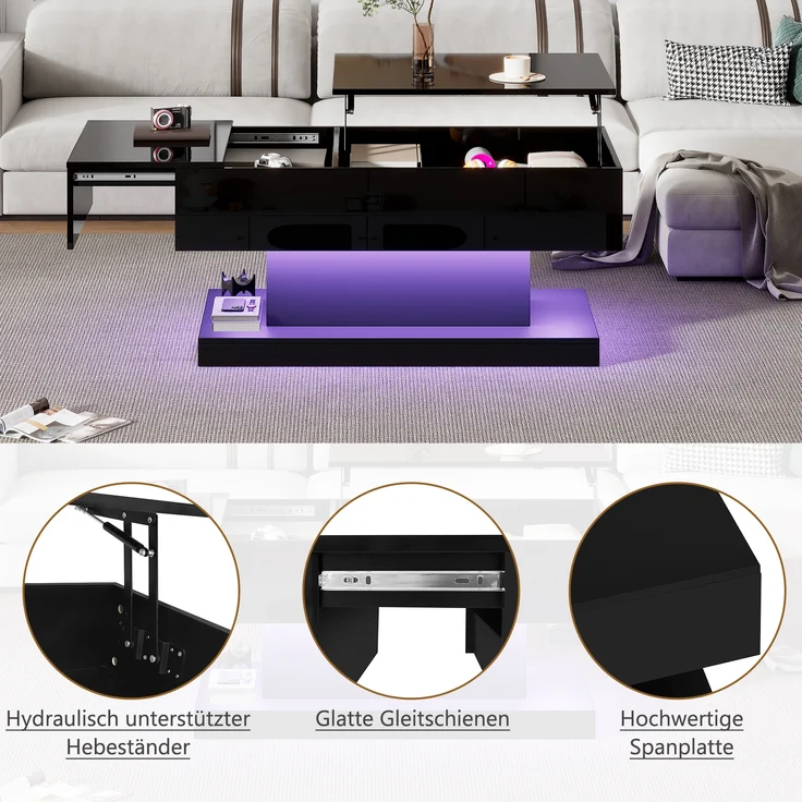 Couchtisch, mit hydraulischem Höhenverstell-System, Stauraum & LED-Beleuchtung, 100x50x45 cm, Schwarz – Bild 8
