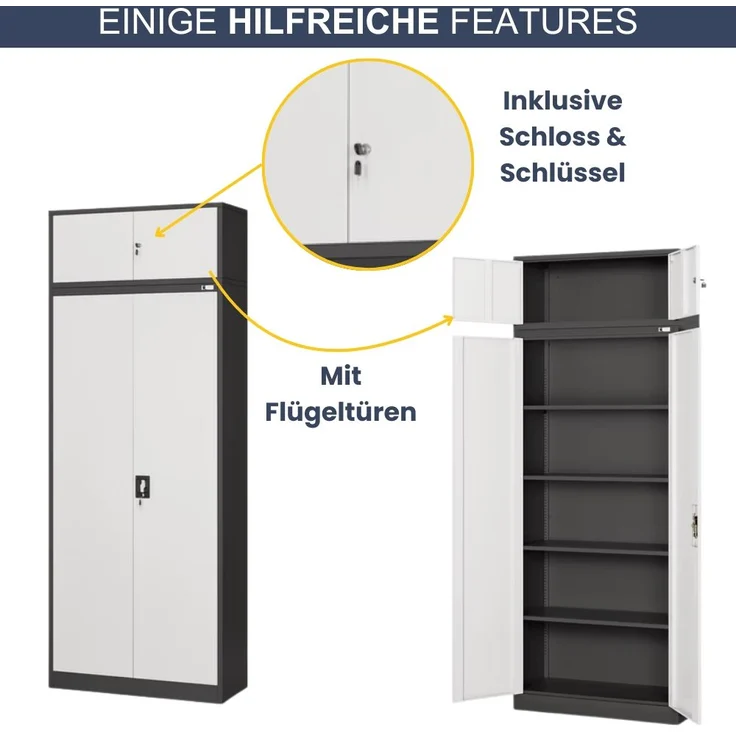Schrankerweiterung Aktenschrank mit 2 Flügeltüren | Zusatzschrank für Büroschrank Extraschrank Stahl Mehrzweckschrank klein Werkstatt, 38x90x40cm Anthrazit-Weiß – Bild 5