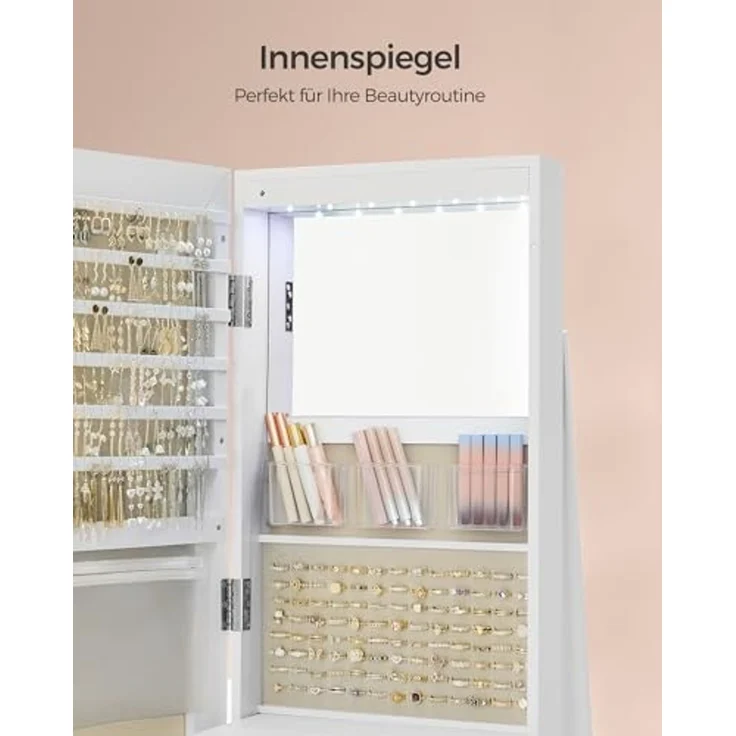Songmics Schmuckschrank mit rahmenlosem Ganzkörperspiegel, 360° drehbar, abschließbar, Oberfläche weiß | Innenfutter grau, 162 x 54,5 x 54,5 cm – Bild 3