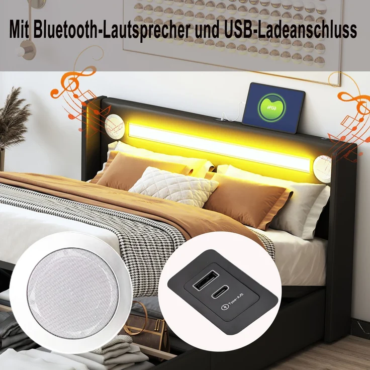 Polsterbett 160x200 Bett mit LED-Lichtleiste, Bluetooth-Player und USB-Aufladung, Stauraumbett aus PU-Leder, Hochbettkasten, Doppelbett mit Lattenrost Schwarz – Bild 5