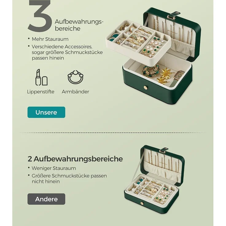 SONGMICS Schmuckbox, 2 Ebenen, aus PU, Schmuckkasten, waldgrün – Bild 4