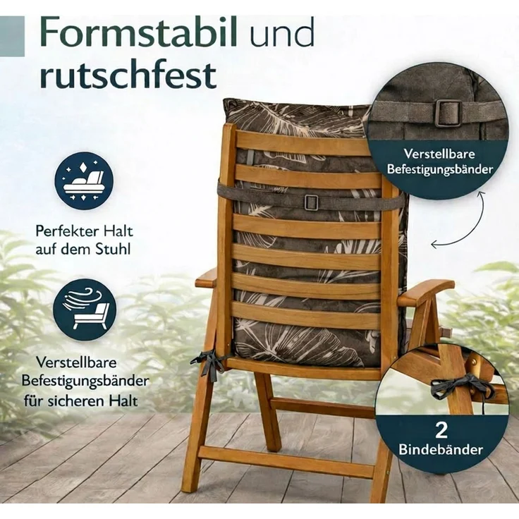 BURI 2x Hochlehner Auflage 117x49x6 cm - wetterfeste Gartenstuhlauflage mit Schaumkern & Vollvlies, Halteband & Bindebänder, bequemes Stuhlpolster für Balkon, Terrasse & Garten (Grau Blätter) – Bild 4