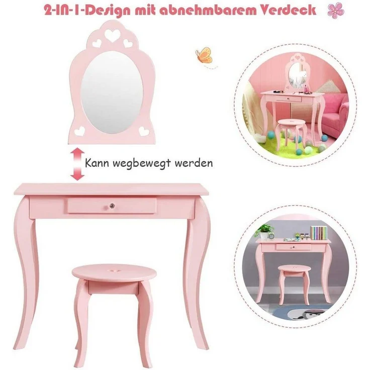 COSTWAY Kinder Schminktisch mit Hocker und abnehmbarem Spiegel, Holz pink, 34 x 70 x 105 cm – Bild 3